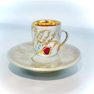 Vintage German Porcelain Demitasse Cup & Saucer Raised Enamel Gold Gilt Antique
